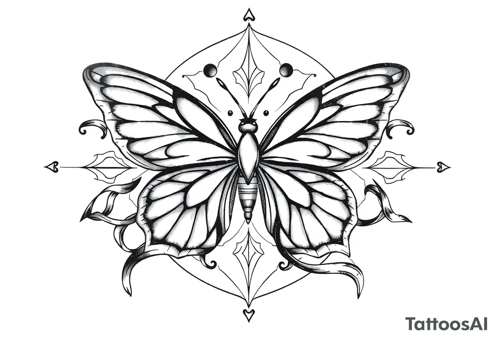 ethereal butterfly with flowing silk ribbons in geometric mandala tattoo idea