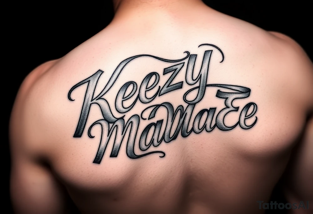A fancy but rugged intertwined curvy lettering that would be clothing brand style that says (KeEzY MadE) tattoo idea