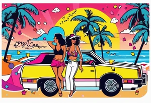 1980's miami vice style beach dance 
party, include confetti, music notes, boom box, SILHOUETTE bikinis sunset in the center tattoo idea