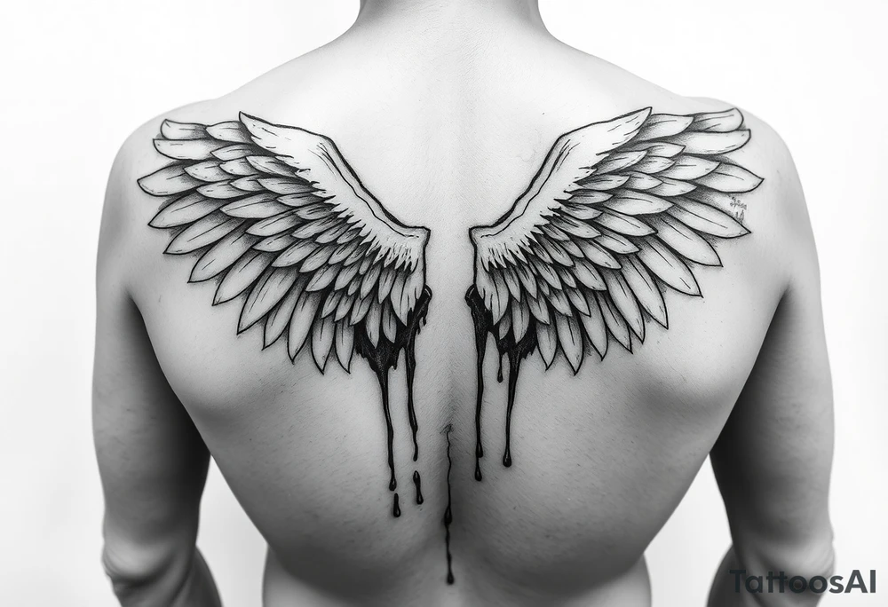 Angel wings folded and tucked against the back spanning from shoulder to butt dripping in blood tattoo idea