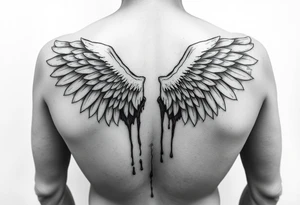 Angel wings folded and tucked against the back spanning from shoulder to butt dripping in blood tattoo idea