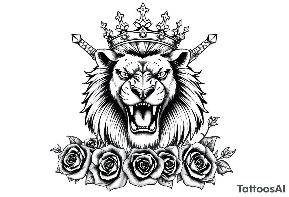 Fierce lion roaring, regal crown tilted, crossed swords framing its mane, dark roses. tattoo idea