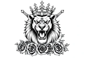 Fierce lion roaring, regal crown tilted, crossed swords framing its mane, dark roses. tattoo idea