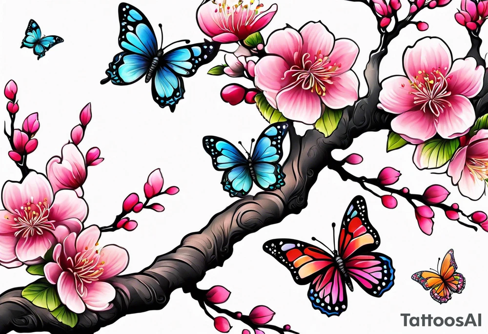 Vibrant, pink plum blossom branches with colorful butterflies tattoo idea
