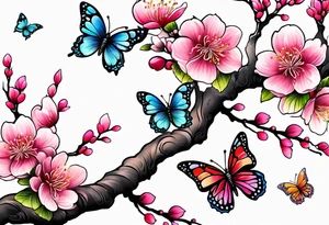 Vibrant, pink plum blossom branches with colorful butterflies tattoo idea