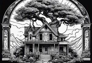 the tree of life growing out of a broken house with baby jesus at its doorsteps tattoo idea