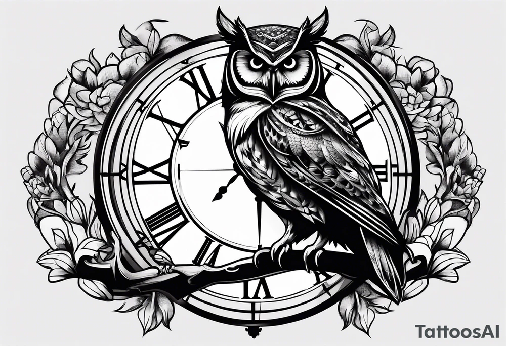 Owl perched on vintage clock tattoo idea
