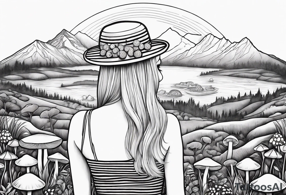 Straight blonde hair girl holding mushrooms in hand facing away toward mountains surrounded by mushrooms circular design black and white striped dress tattoo idea
