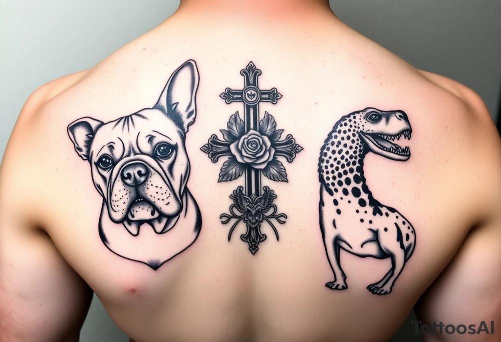 2 bulldogs with 2 dachunds with a paw print, a cross with roses, and a dinosaur tattoo idea