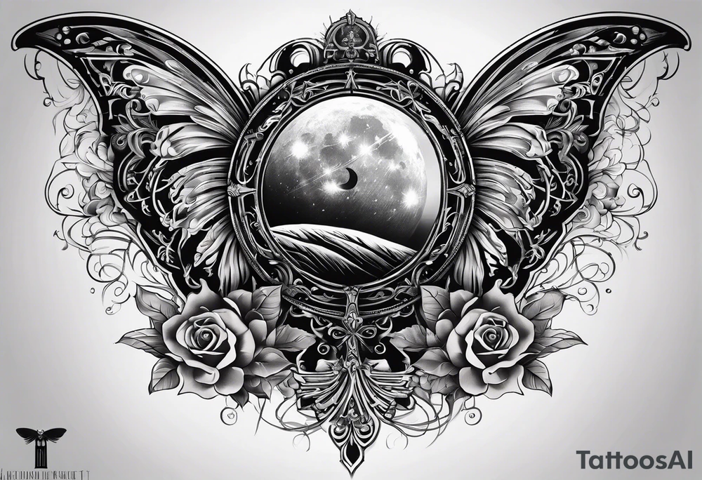 back tattoo with sun with face on left and moon with face on right but a butterfly with a cross in the middle tattoo idea