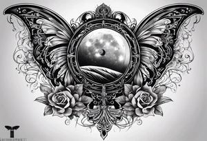 back tattoo with sun with face on left and moon with face on right but a butterfly with a cross in the middle tattoo idea