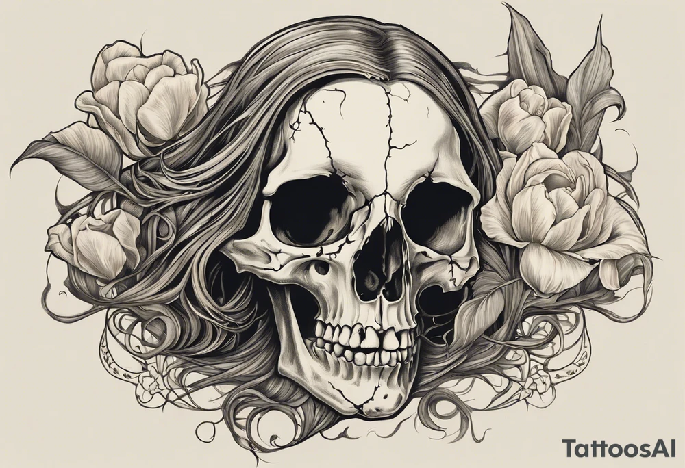 A profile view of a joyful female skull adorned with flowing, long hair, surrounded by symbolism representing the cycle of life and decay. Include a contrast between a fully decayed tulip, a pristine and vibrant tulip in full bloom, and a delicate tulip bud, all harmonizing with the eerie yet beautiful ambiance of the scene. tattoo idea