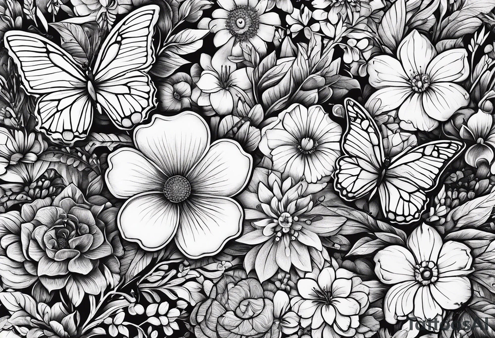Flowers field with "Ruby" in calligraphy font and butterflies around it tattoo idea