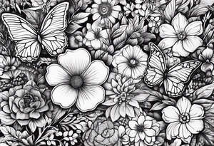 Flowers field with "Ruby" in calligraphy font and butterflies around it tattoo idea