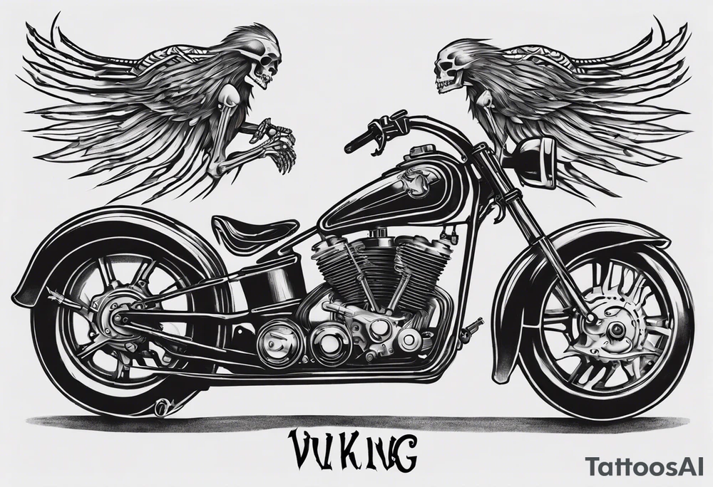 I want a tattoo of an old classic motorcycle with a skeleton riding it into the distance with the name “Viking Customs” incorporated in the design tattoo idea