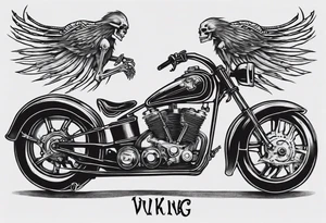 I want a tattoo of an old classic motorcycle with a skeleton riding it into the distance with the name “Viking Customs” incorporated in the design tattoo idea