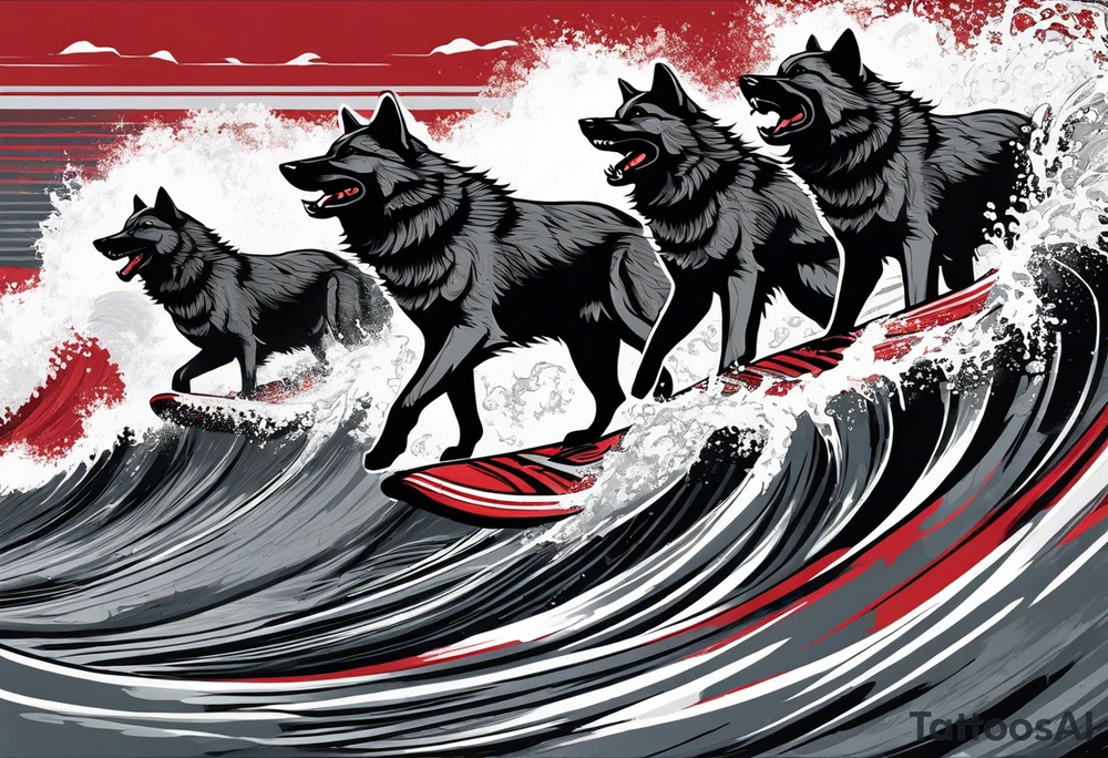 a pack of 3 howling muscular  gray wolves surfing waves with a linear background with red, white and black and gray including the word Howler in an aggressive script font tattoo idea
