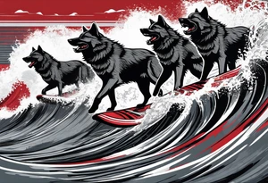 a pack of 3 howling muscular  gray wolves surfing waves with a linear background with red, white and black and gray including the word Howler in an aggressive script font tattoo idea