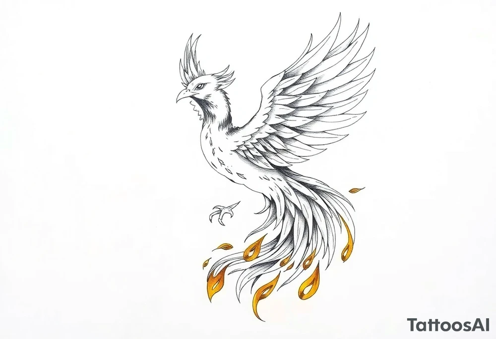 magnificent phoenix rising from golden flames with trailing embers tattoo idea