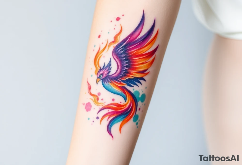 Phoenix engulfed in roaring flames with purple, orange, teal and green splashes tattoo idea