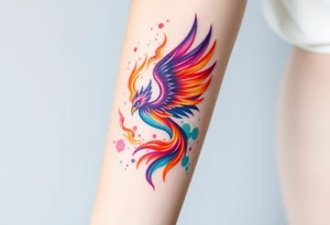 Phoenix engulfed in roaring flames with purple, orange, teal and green splashes tattoo idea