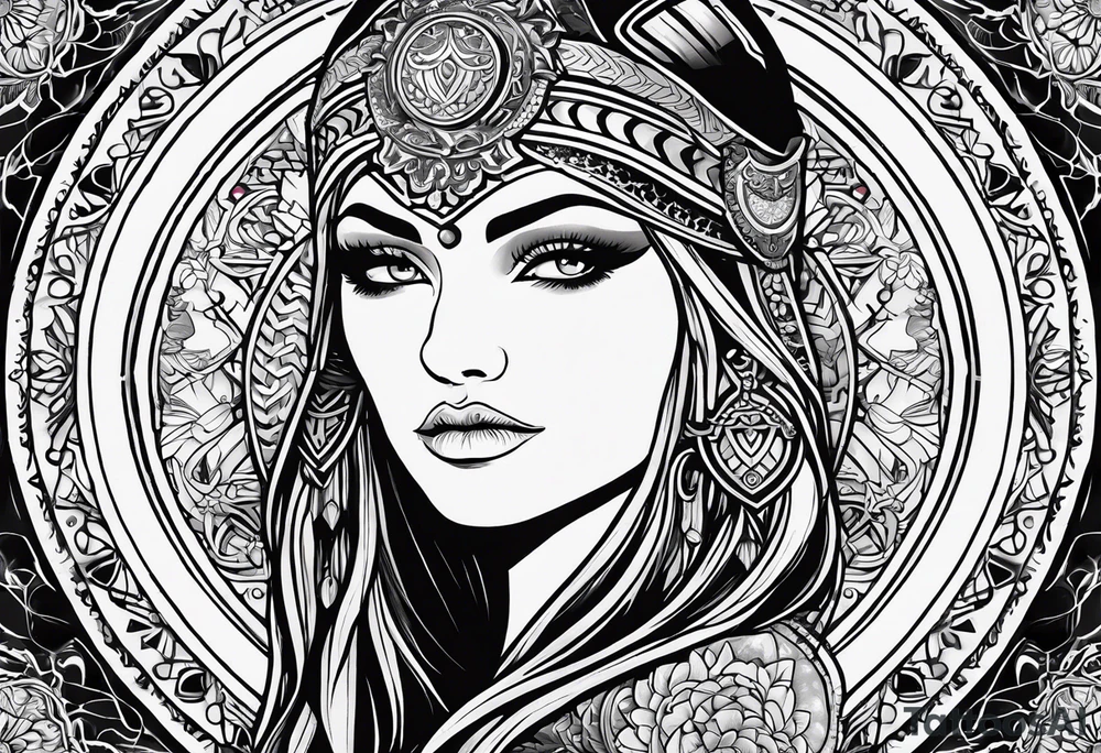 Viking, feminine warrior, mandala, bedroom eyes, headshot, closeup, full design, princess, round emblem, moon tattoo idea