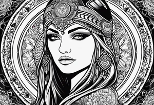 Viking, feminine warrior, mandala, bedroom eyes, headshot, closeup, full design, princess, round emblem, moon tattoo idea