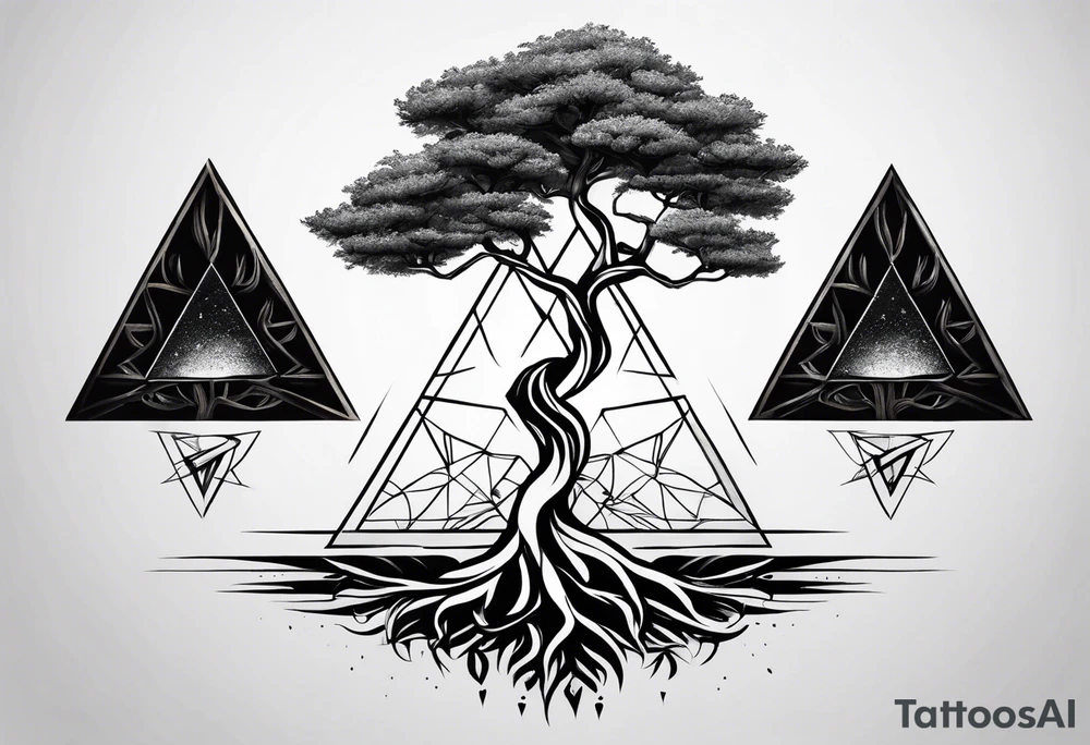 minimalistic Yggdrasil tree with 3 triangles tattoo idea