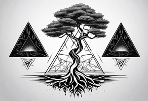 minimalistic Yggdrasil tree with 3 triangles tattoo idea