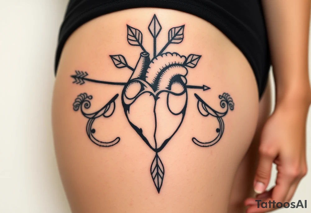 anatomical heart pierced by ornate arrow with flowing ribbons tattoo idea