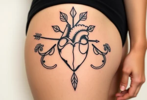 anatomical heart pierced by ornate arrow with flowing ribbons tattoo idea