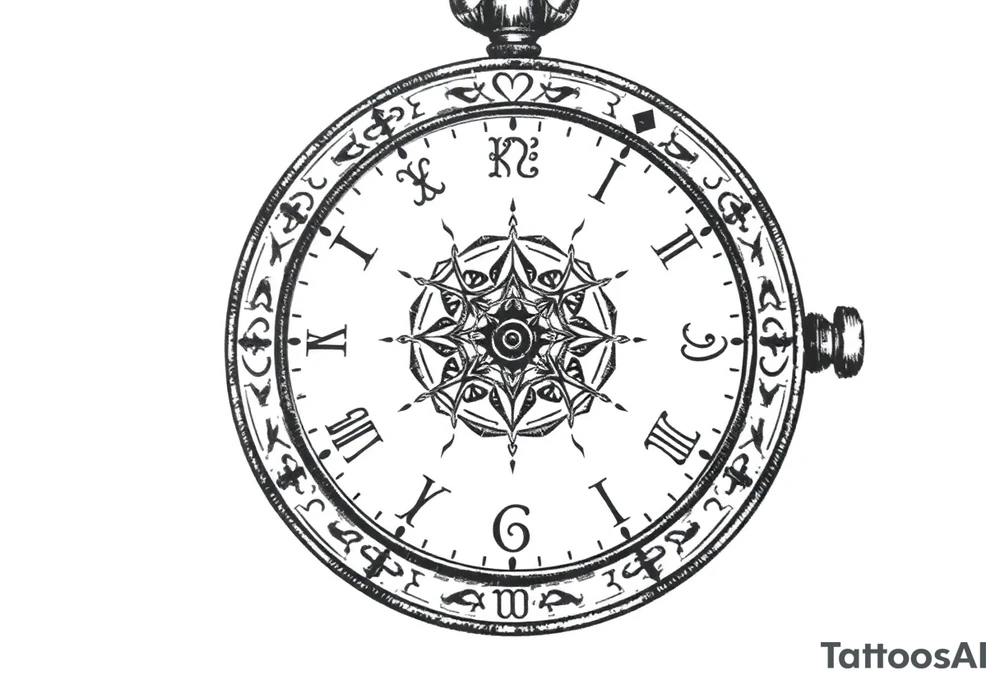 zodiac symbols runes within ornate clockwork mechanism tattoo idea