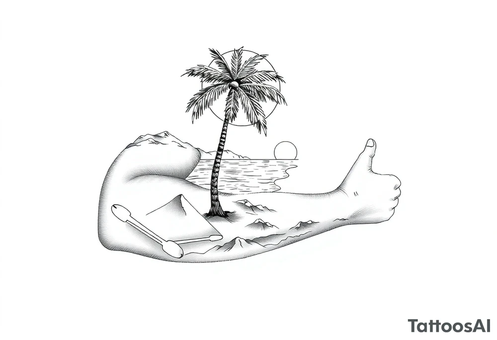 fine line, peaceful, serene, timeless, ocean, sand, palm tree, sun tattoo idea