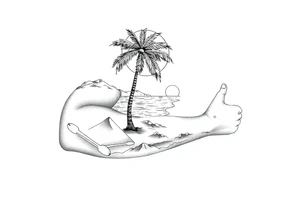 fine line, peaceful, serene, timeless, ocean, sand, palm tree, sun tattoo idea