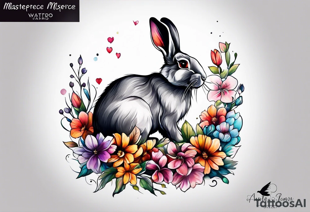Rabbit and flowers, spine tattoo cover up tattoo idea