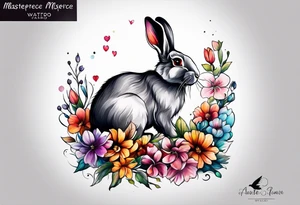 Rabbit and flowers, spine tattoo cover up tattoo idea