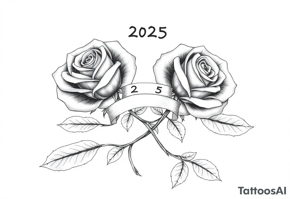two big beautiful rose buds with leaves and separated by their cascading, intertwined stems joining as one. Add a small banner with the year "2025" on it, tying them together.  Add the following word "Rose" written in Kanji above the drawing.  Make the drawing darker tattoo idea