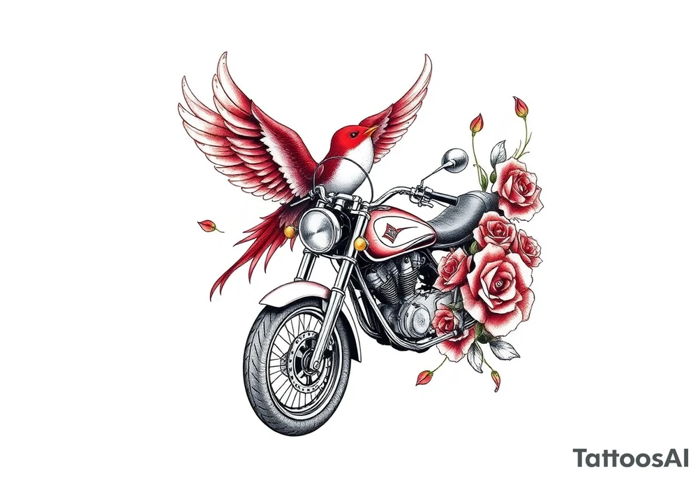 Motorcycle, red bird flying, roses and lace, flames tattoo idea