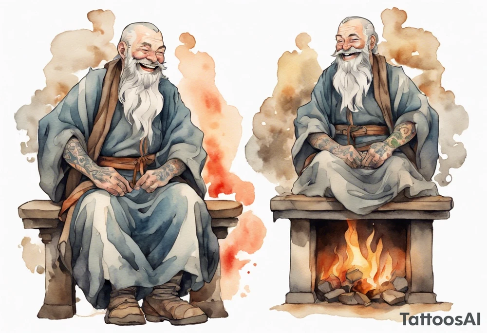 full portrait a Medieval man with a grey beard laughing sitting by the hearth tattoo idea