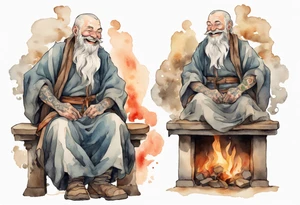 full portrait a Medieval man with a grey beard laughing sitting by the hearth tattoo idea