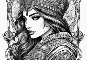 with lady juctice emblem a sword and a scale tattoo idea