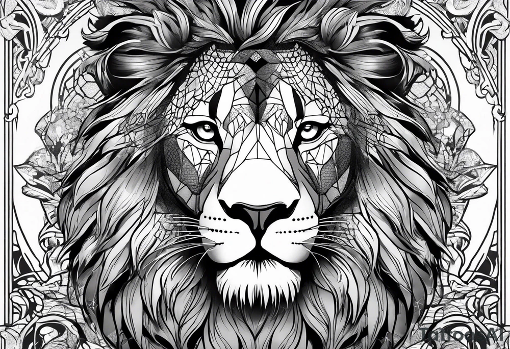 lion meshed with woman tattoo idea