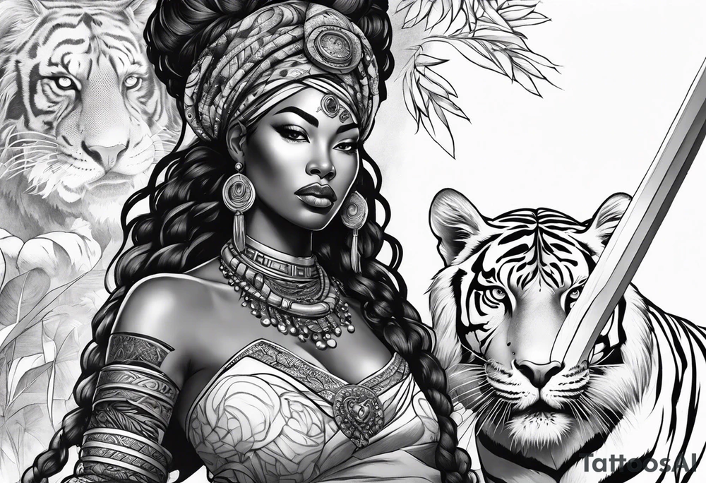 African goddess with sword in hand and tiger Japanese traditional style full sleeve tattoo tattoo idea