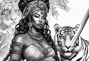 African goddess with sword in hand and tiger Japanese traditional style full sleeve tattoo tattoo idea