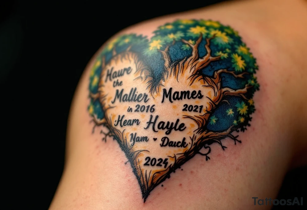 Heart-Shaped Tree with Names in the Bark – A tree whose trunk and branches form a heart shape, with sepia-toned bark engraved with names or dates. tattoo idea