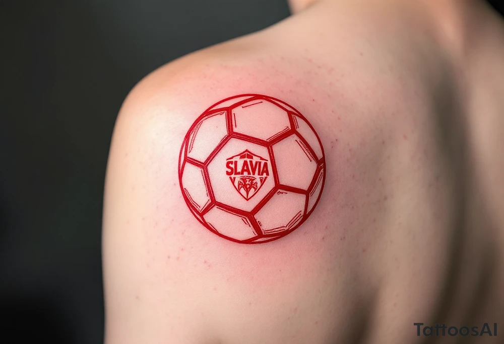 A minimalist red outline of a ball with the Slavia Praha emblem in the middle. tattoo idea
