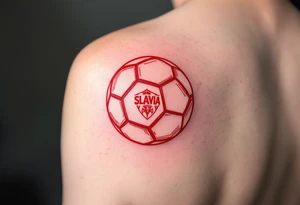 A minimalist red outline of a ball with the Slavia Praha emblem in the middle. tattoo idea