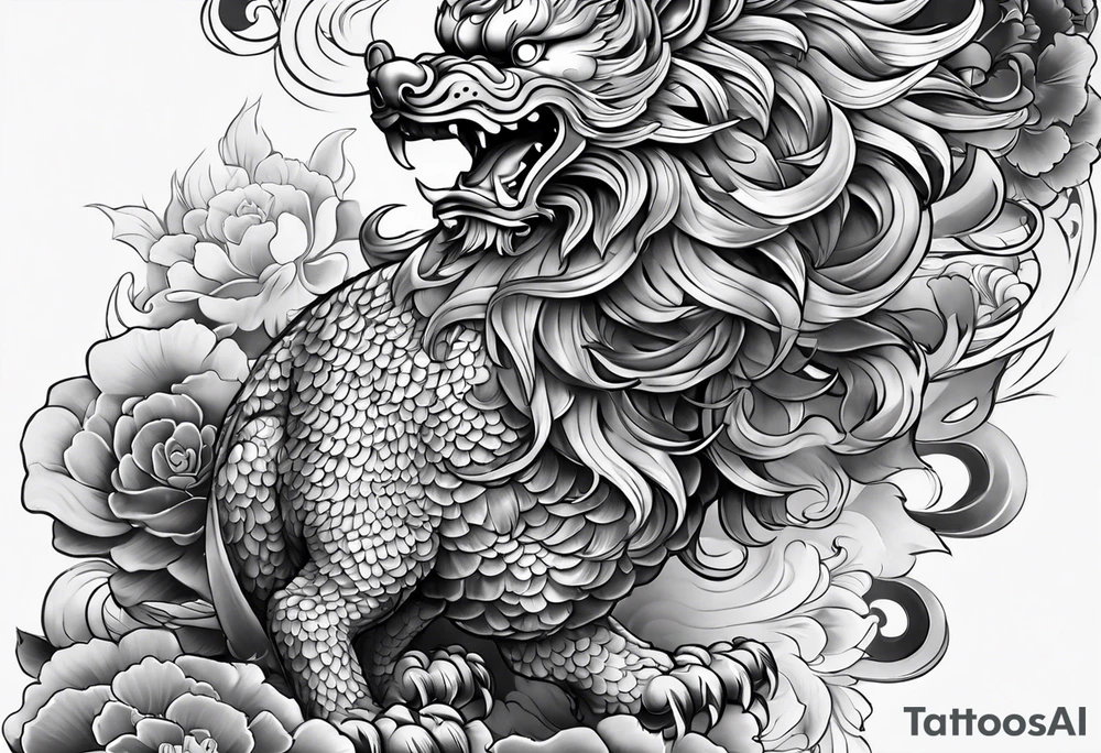foo dog full body leg sleeve tattoo idea