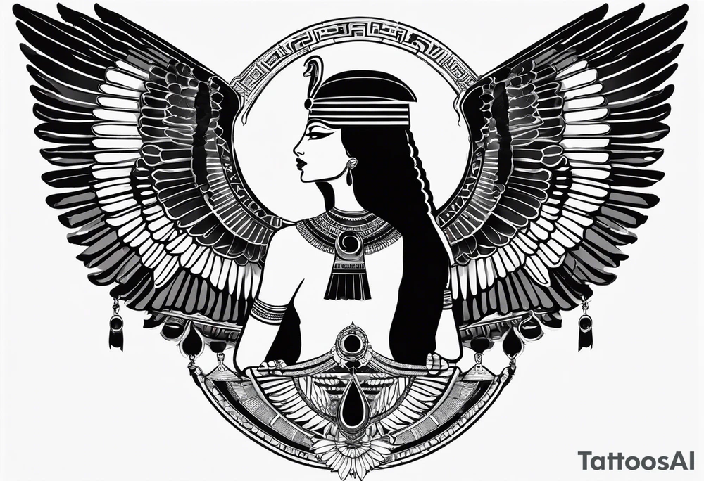 black and white Egyptian goddess Isis, who is often depicted as a woman with outstretched wings, holding an ankh (a symbol of life) in one hand and a lotus flower in the other. Her headdress often includes a throne or a solar disk. The tattoo design can vary in style and size, but it typically aims to capture the essence of this revered Egyptian deity, emphasizing her beauty, power, and maternal qualities. The choice of colors and additional elements can also be customized to create a unique and visually striking representation of the goddess Isis tattoo idea