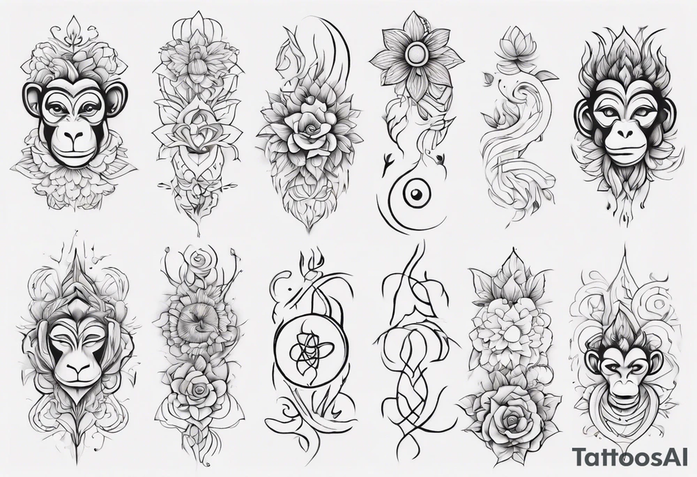 Create a tattoo with five separate images that are connected vertically by a single line. The images are an abstract icon monkey, a pie icon, the breathe yoga symbol and Thai for ten. Add some floral accents. Make it look feminine tattoo idea